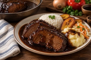 plato de asado negro con arroz, tajadas y puré