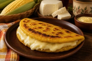 Cachapas doradas con queso derretido y mantequilla sobre una mesa rústica