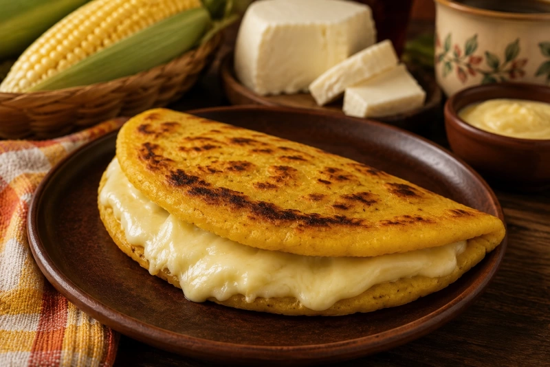 Cachapas doradas con queso derretido y mantequilla sobre una mesa rústica