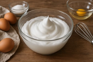 claras de huevo a punto de nieve batidas a mano en un bol