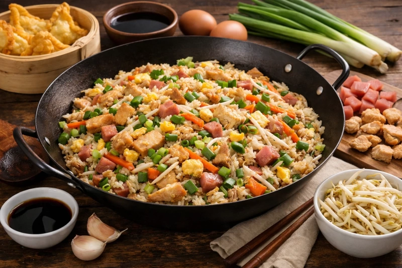 Plato de arroz chino venezolano con vegetales y pollo