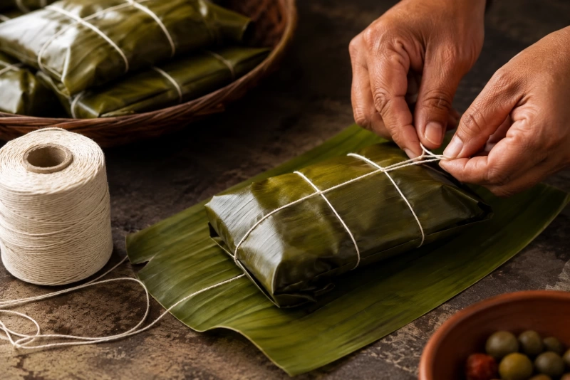 Hallacas amarradas con pabilo sobre una mesa de cocina