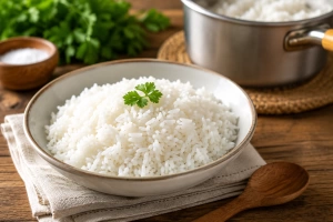 Arroz esponjoso en plato blanco con ramita de cilantro encima